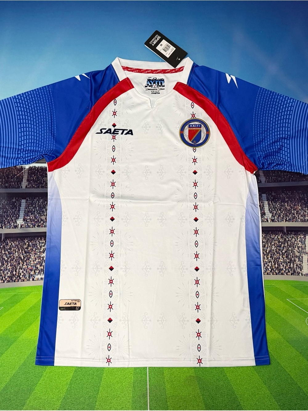 Saeta Men's Haiti Home Soccer Jersey - White with Blue & Red